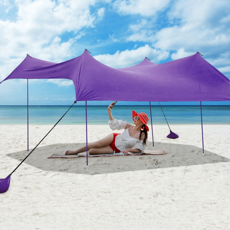 10 Foot Ride 9 Foot Family Beach Tent Canopy Sunshade with 4 Poles-PurpleCostway Gallery View 2 of 10