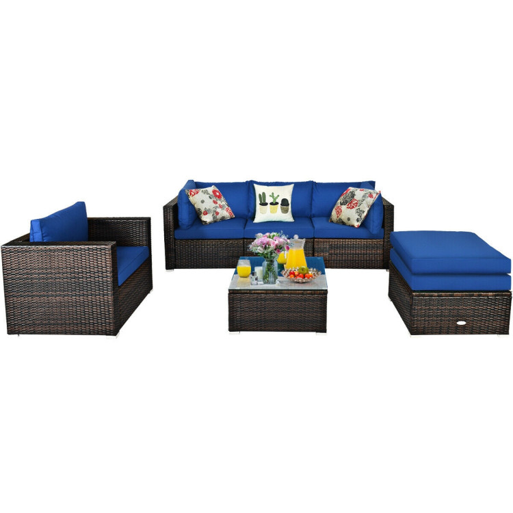 6 Pcs Patio Rattan Furniture Set with Sectional Cushion-BlueCostway Gallery View 11 of 15