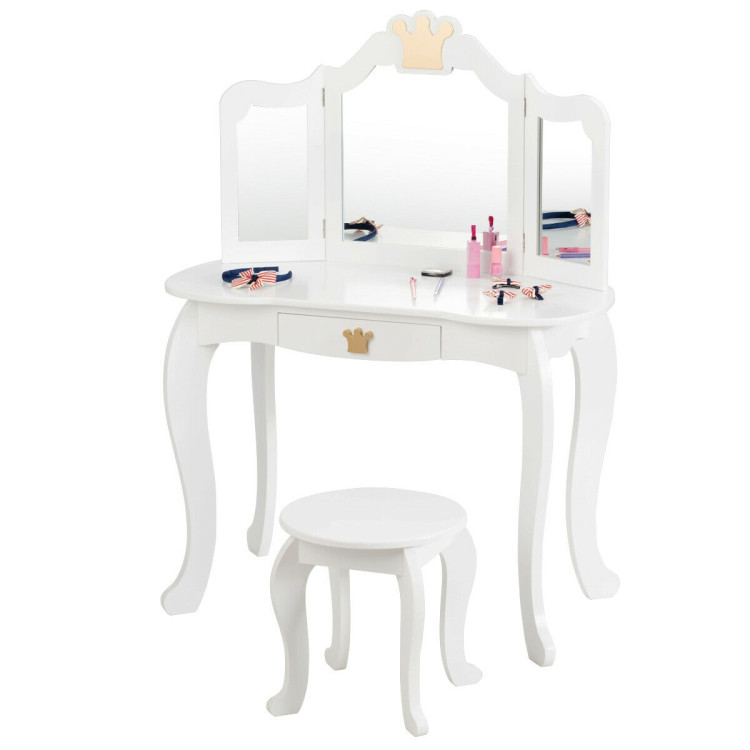 Kids Makeup Dressing Table with Tri-folding Mirror and Stool-WhiteCostway Gallery View 11 of 12