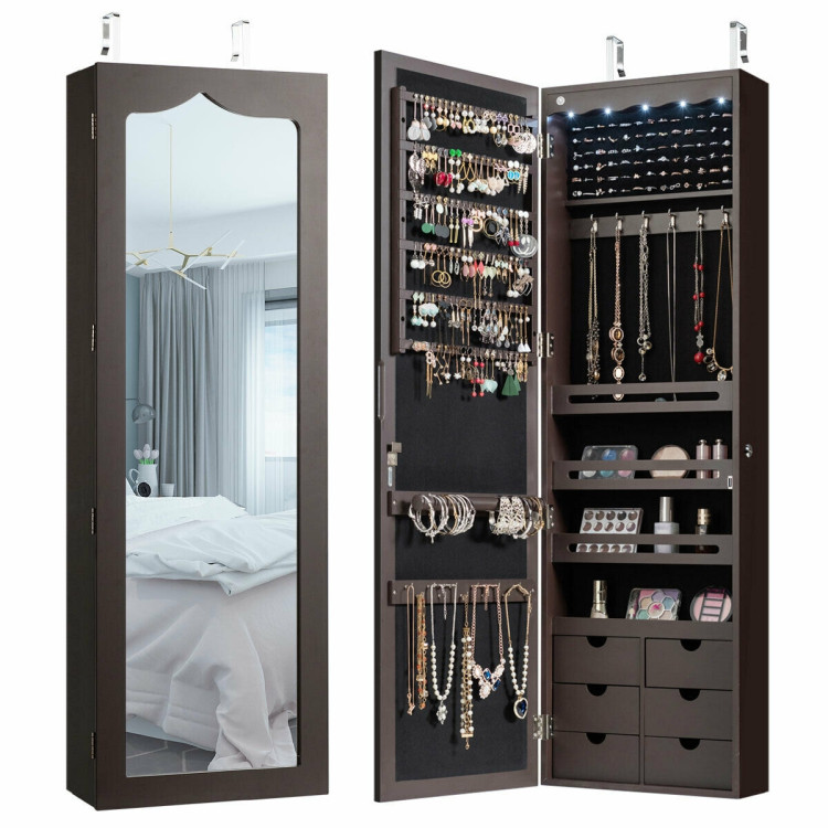 5 LEDs Lockable Mirror Jewelry Cabinet Armoire with 6 Drawers-BrownCostway Gallery View 9 of 12