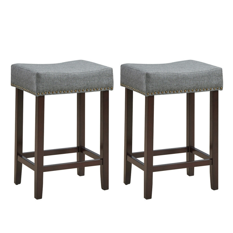 2 Pieces Nailhead Saddle Bar Stools with Fabric Seat and Wood Legs-GrayCostway Gallery View 1 of 12