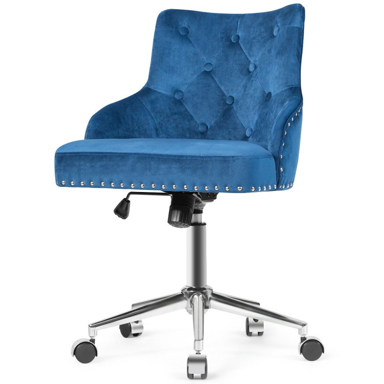 Tufted Upholstered Swivel Computer Desk Chair with Nailed Tri-BlueCostway Gallery View 4 of 10