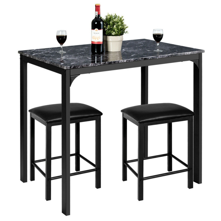 3 Piece Counter Height Dining Set Faux Marble Table-BlackCostway Gallery View 4 of 12
