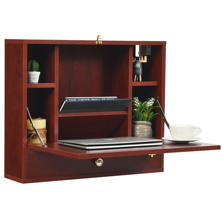 Wall Mounted Folding Laptop Desk Hideaway Storage with Drawer-BrownCostway Gallery View 4 of 10