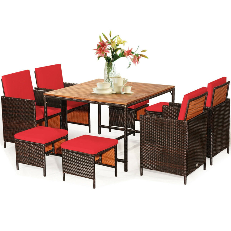 9 Pieces Patio Rattan Dining Cushioned Chairs Set-RedCostway Gallery View 8 of 11