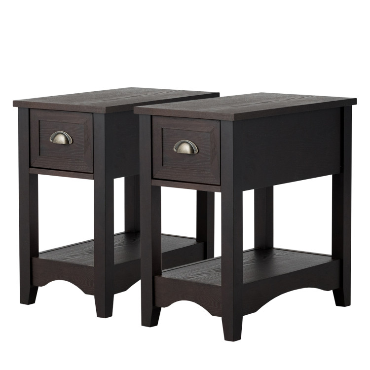2 Pieces Retro Narrow Tiered End Table with Drawer and Storing Shelf-BrownCostway Gallery View 1 of 10