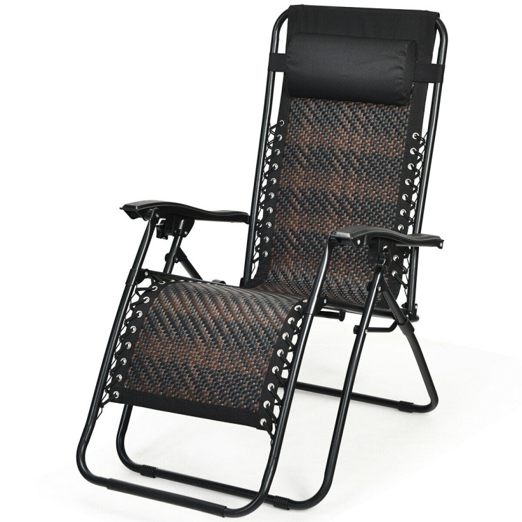 Folding Rattan Zero Gravity Lounge Chair with Removable Head Pillow-BrownCostway Gallery View 3 of 11