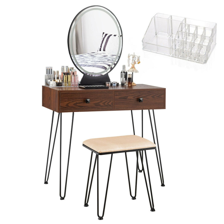 Industrial Makeup Dressing Table with 3 Lighting Modes-WalnutCostway Gallery View 9 of 13