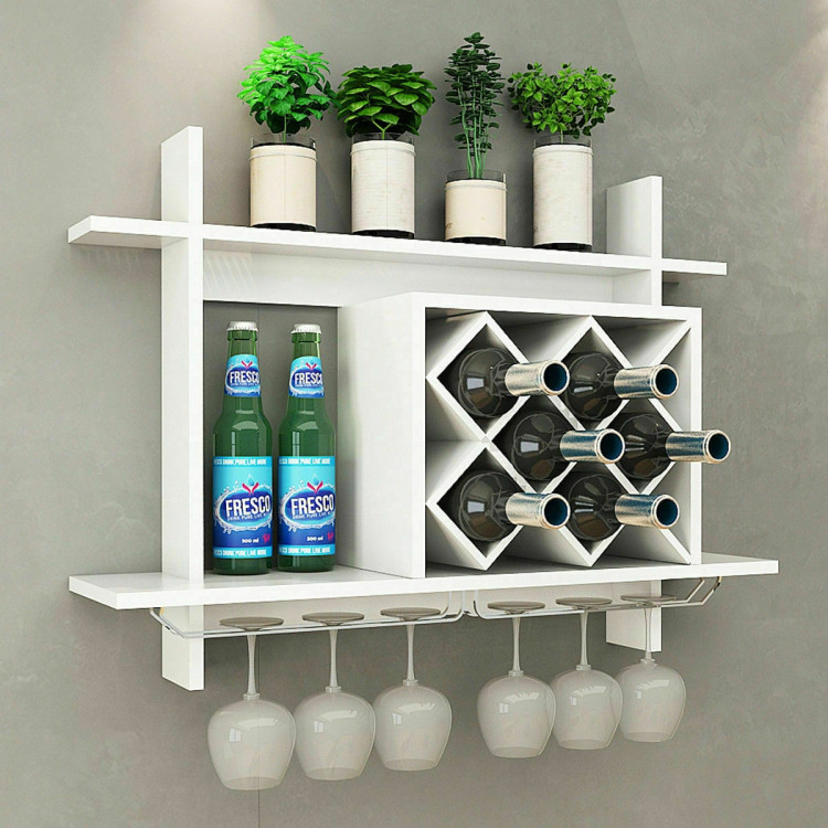 Household Wall Mount Wine Rack Organizer with Glass Holder Storage ShelfCostway Gallery View 2 of 9