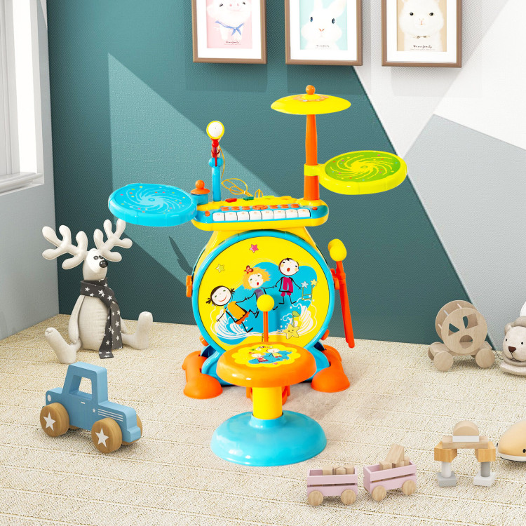 2-in-1 Kids Electronic Drum and Keyboard Set with Stool-BlueCostway Gallery View 6 of 10