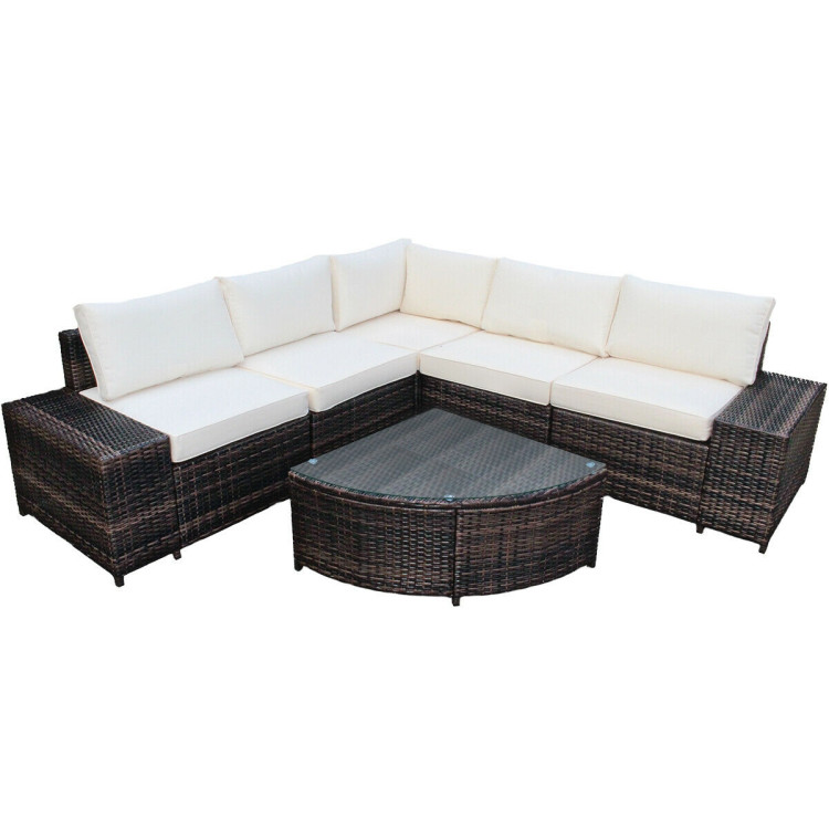 6 Piece Wicker Patio Sectional Sofa Set with Tempered Glass Coffee Table-WhiteCostway Gallery View 3 of 12
