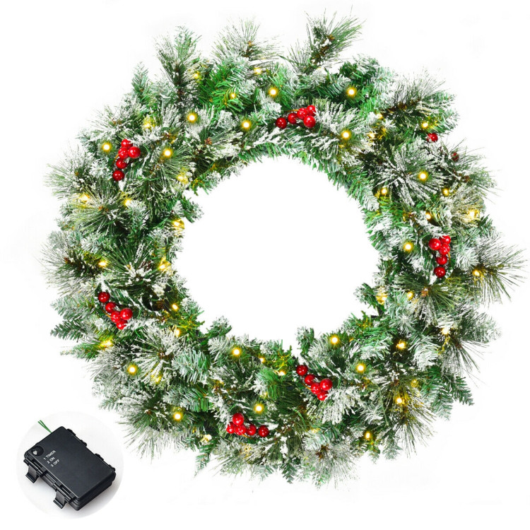 24-Inch Pre-lit Flocked Christmas Spruce Wreath with LED LightsCostway Gallery View 1 of 10