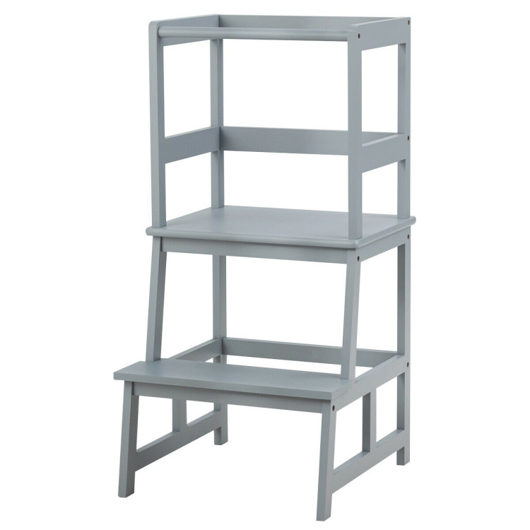 Kids Wooden Kitchen Step Stool with Safety Rail-GrayCostway Gallery View 1 of 2