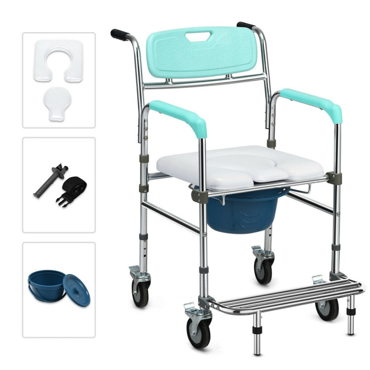 Aluminum Medical Transport Commode Wheelchair Shower Chair-TurquoiseCostway Gallery View 5 of 11