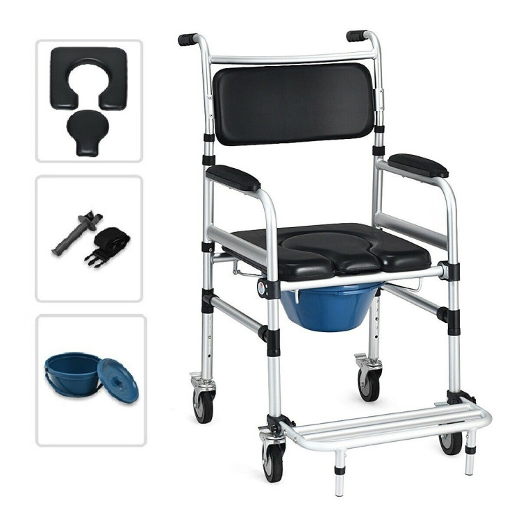 2-in-1 Aluminum Commode Shower Wheelchair with Locking CastersCostway Gallery View 4 of 10