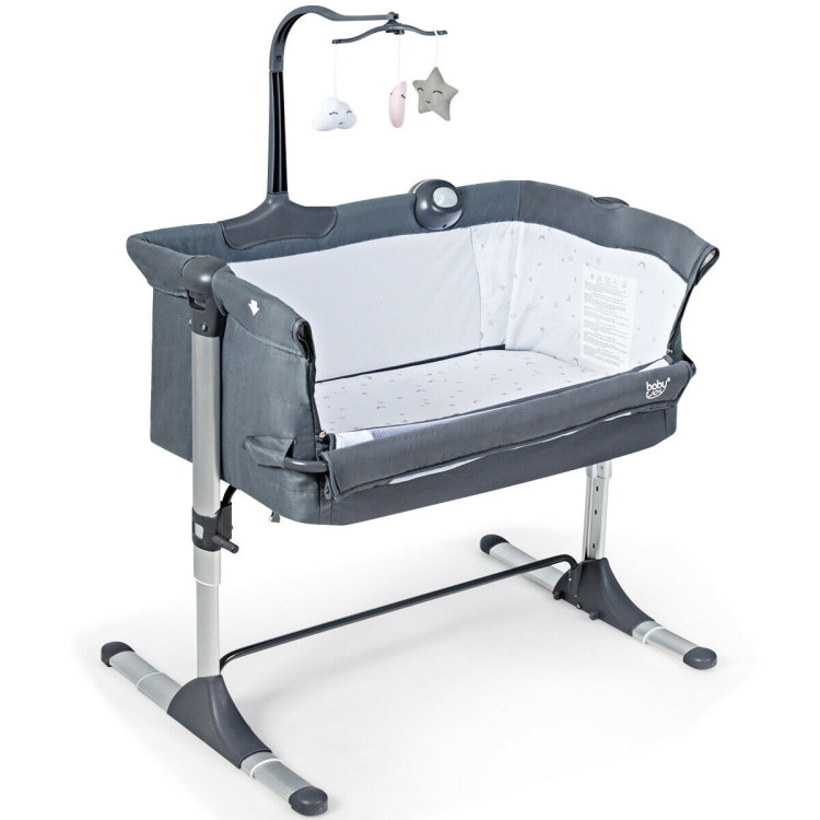 Height Adjustable Baby Side Crib  with Music Box & Toys-Dark GrayCostway Gallery View 6 of 20