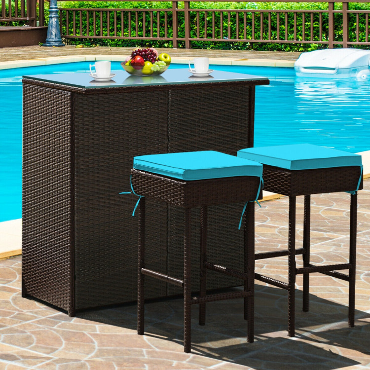 3PCS Patio Rattan Wicker Bar Table Stools Dining Set-TurquoiseCostway Gallery View 1 of 12