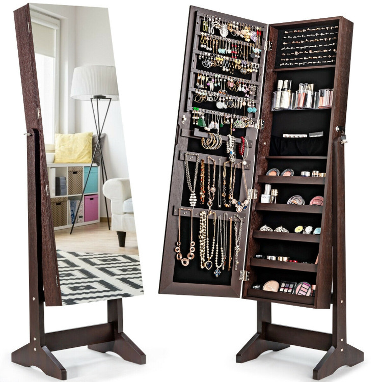 Standing Jewelry Armoire Cabinet with Full Length Mirror-BrownCostway Gallery View 5 of 11