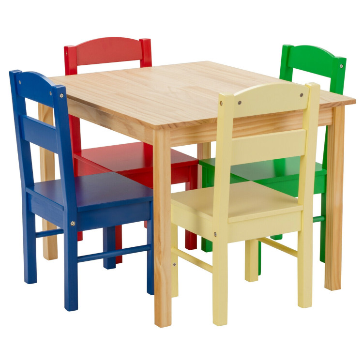 5 pcs Kids Pine Wood Multicolor Table Chair Set Costway Gallery View 1 of 12