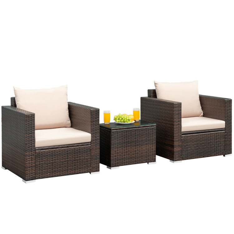 3 Pcs Patio Conversation Rattan Furniture Set with Cushion-BeigeCostway Gallery View 11 of 12