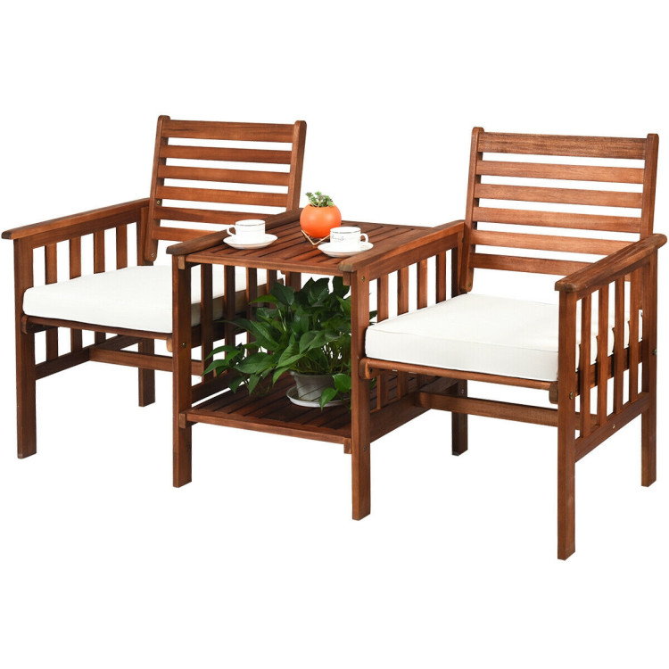 3 pcs Outdoor Patio Table Chairs Set Acacia Wood Loveseat-WhiteCostway Gallery View 9 of 11