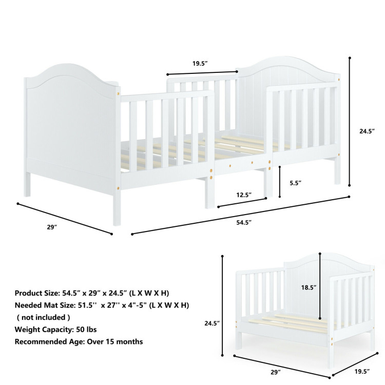 2-in-1 Classic Convertible Wooden Toddler Bed with 2 Side Guardrails for Extra Safety-WhiteCostway Gallery View 4 of 12