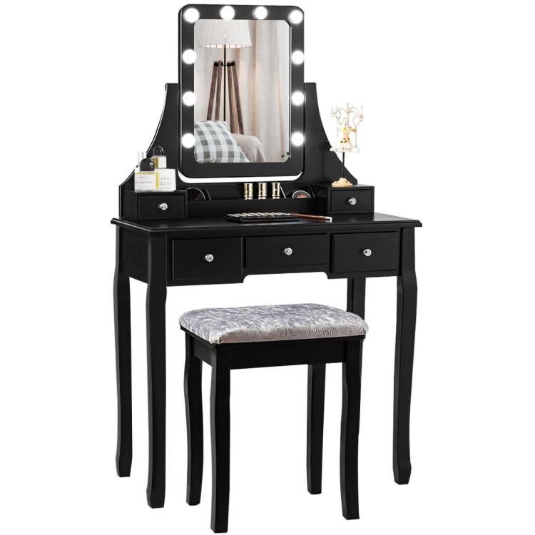 Vanity Dressing Table Set with 10 Dimmable Bulbs and Cushioned Stool-BlackCostway Gallery View 3 of 11