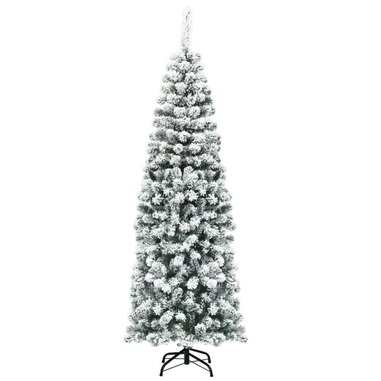6 Feet Unlit Hinged Snow Flocked Artificial Pencil Christmas Tree with 500 Branch TipCostway Gallery View 1 of 10
