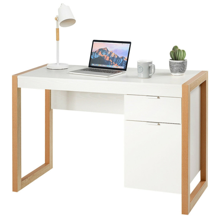 Modern Computer Desk Study Table Writing Workstation with Cabinet and Drawer-WhiteCostway Gallery View 9 of 12
