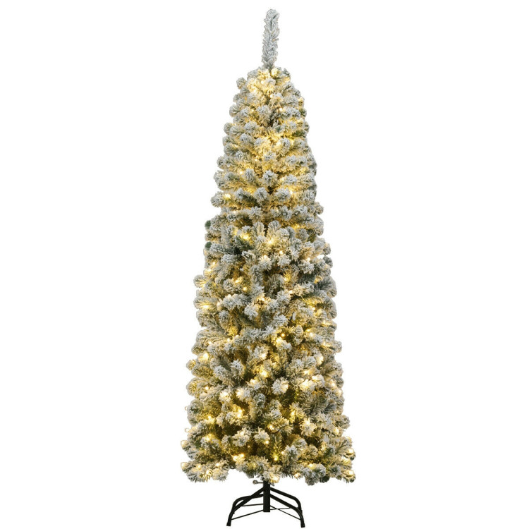 6 Feet Pre-lit Snow Flocked Artificial Pencil Christmas Tree with 250 LED LightsCostway Gallery View 1 of 13