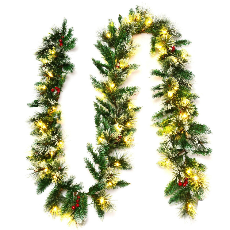 9 Feet Pre-lit Snow Flocked Tips Christmas Garland with Red BerriesCostway Gallery View 8 of 10