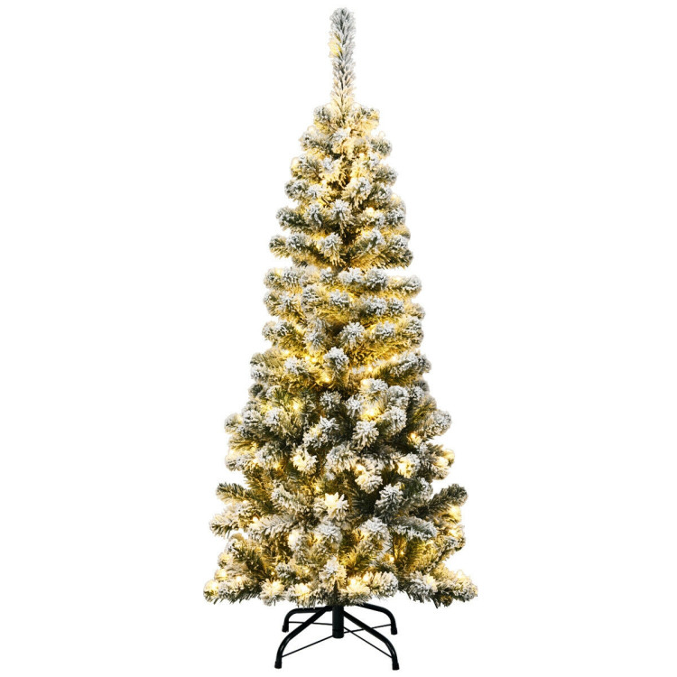 4.5 Feet Pre-Lit Snow Flocked Pencil Christmas Tree with 150 LED LightCostway Gallery View 1 of 9