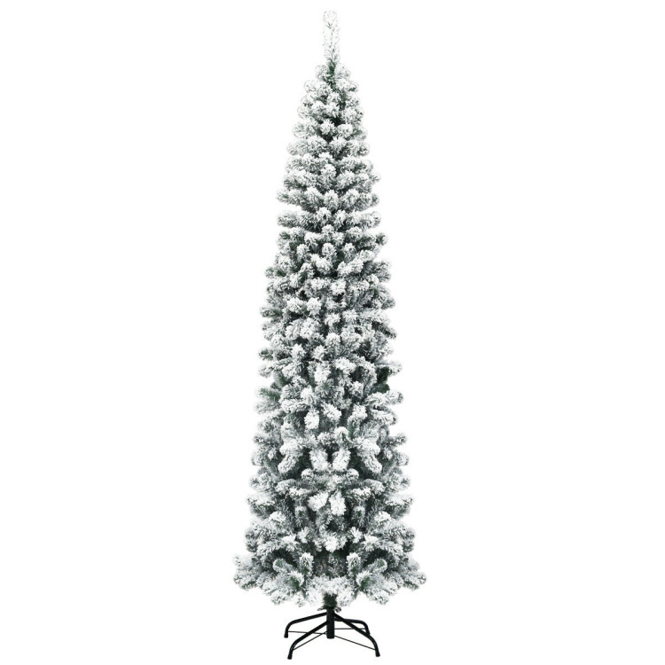 7.5 Feet Unlit Hinged Snow Flocked Artificial Pencil Christmas Tree with 641 TipsCostway Gallery View 1 of 9