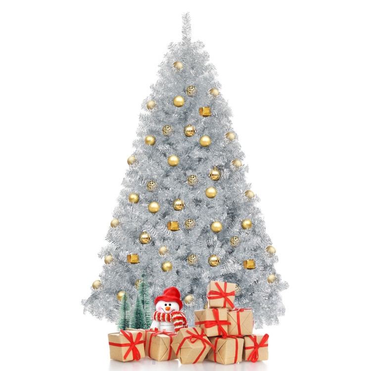 6 Feet Hinged Unlit Artificial Silver Tinsel Christmas Tree with Metal StandCostway Gallery View 8 of 10