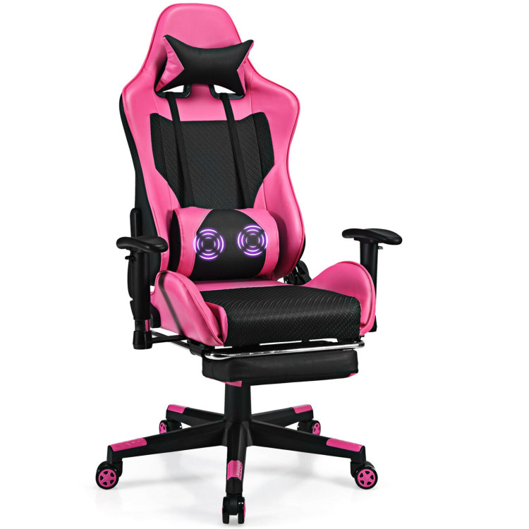 PU Leather Gaming Chair with USB Massage Lumbar Pillow and Footrest -PinkCostway Gallery View 1 of 12