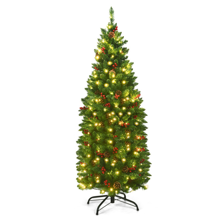 4.5 Feet Pre-lit Hinged Pencil Christmas Tree with Pine Cones Red Berries and 150 LightsCostway Gallery View 1 of 12