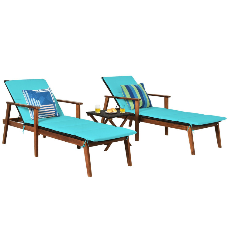 3 Pieces Portable Patio Cushioned Rattan Lounge Chair Set with Folding Table-TurquoiseCostway Gallery View 11 of 12