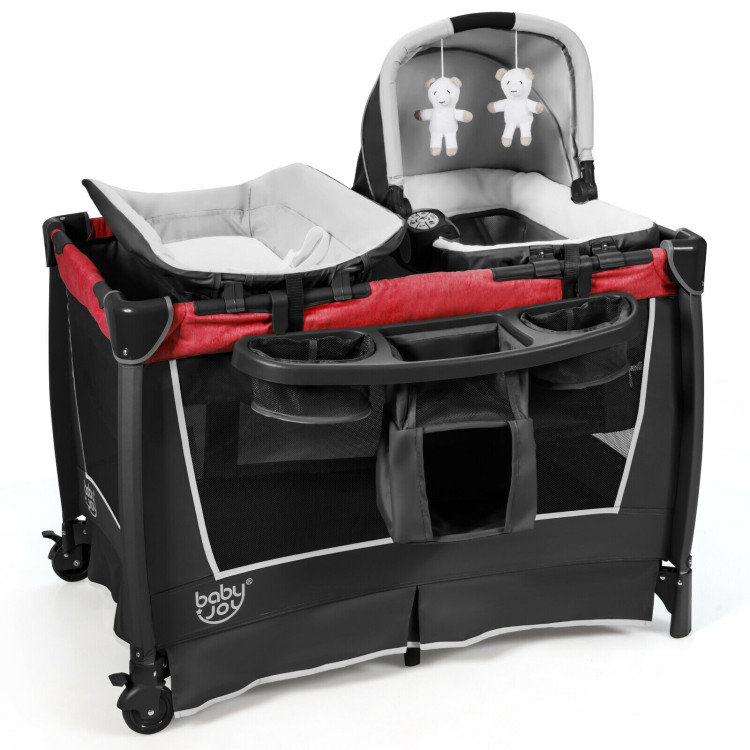 4-in-1 Convertible Portable Baby Play yard with Toys and Music Player-RedCostway Gallery View 1 of 12