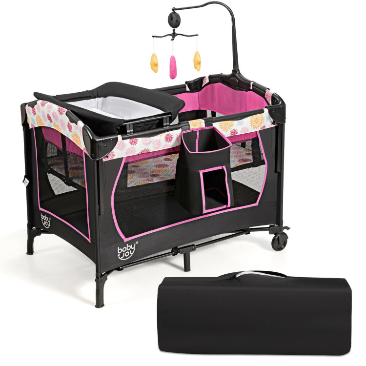 3-in-1 Convertible Portable Baby Playard with Music Box and Wheel and Brakes-PinkCostway Gallery View 3 of 8