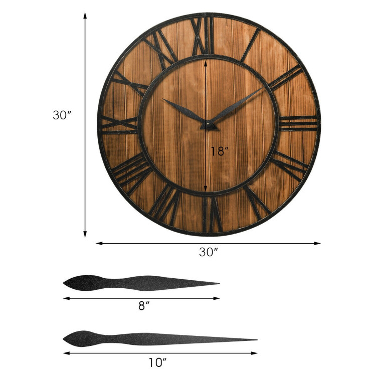 30 Inch Round Wall Clock Decorative Wooden Silent Clock with BatteryCostway Gallery View 4 of 13