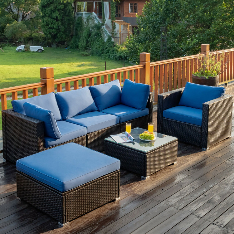6 Pcs Patio Rattan Furniture Set with Sectional Cushion-BlueCostway Gallery View 8 of 15