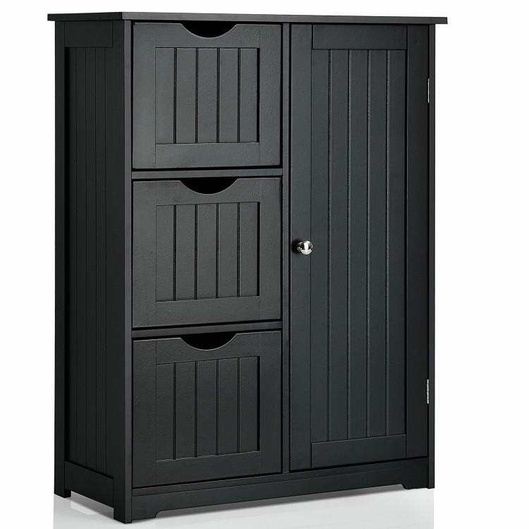 Bathroom Floor Cabinet Side Storage Cabinet with 3 Drawers and 1 Cupboard-BlackCostway Gallery View 1 of 12