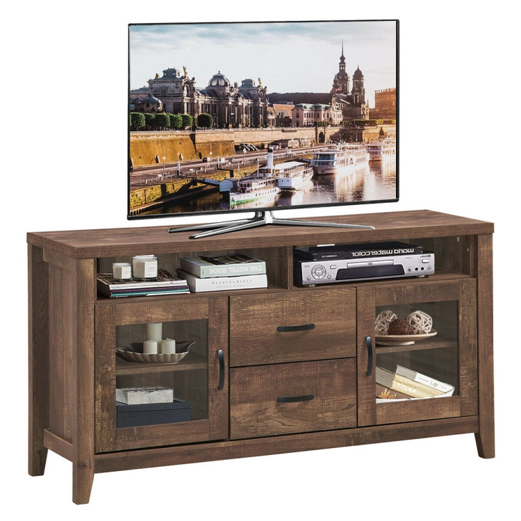 Wooden Retro TV Stand with Drawers and Tempered Glass DoorsCostway Gallery View 8 of 12