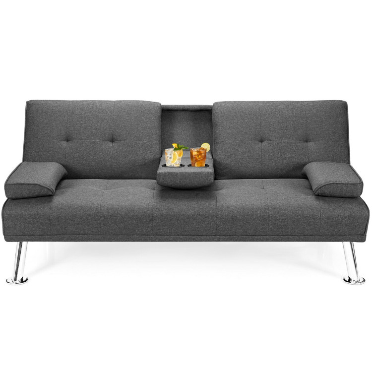 Convertible Folding Futon Sofa Bed Fabric with 2 Cup Holders-Dark GrayCostway Gallery View 8 of 13
