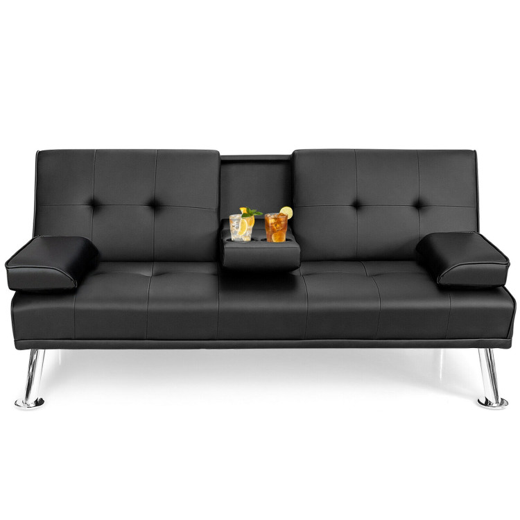 Convertible Folding Leather Futon Sofa with Cup Holders and Armrests-BlackCostway Gallery View 12 of 12