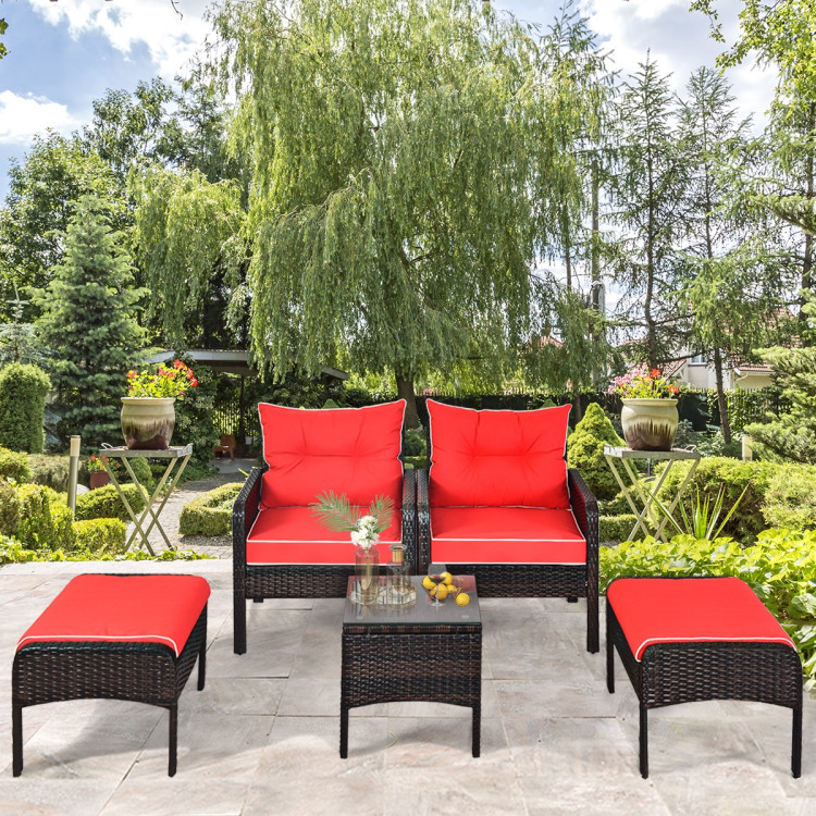 5 Pcs Patio Rattan Sofa Ottoman Furniture Set with Cushions-RedCostway Gallery View 7 of 14