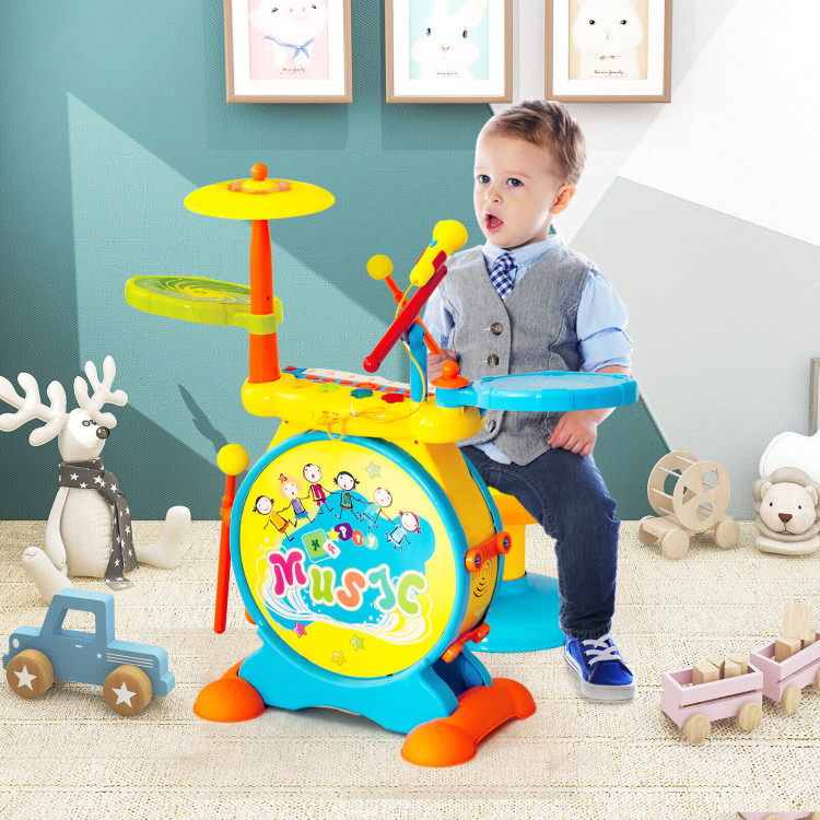 2-in-1 Kids Electronic Drum and Keyboard Set with Stool-BlueCostway Gallery View 2 of 10