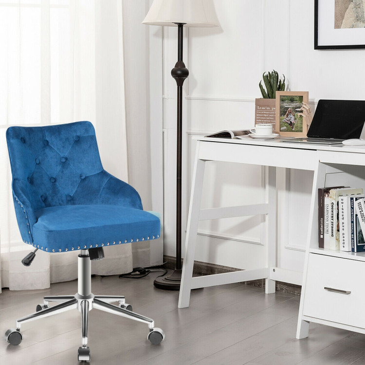 Tufted Upholstered Swivel Computer Desk Chair with Nailed Tri-BlueCostway Gallery View 7 of 10
