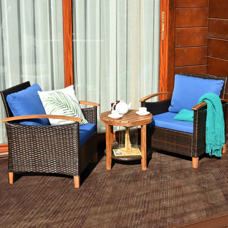 3 Pieces Patio Rattan Furniture Set with Washable Cushion and Acacia Wood Tabletop-BlueCostway Gallery View 1 of 11