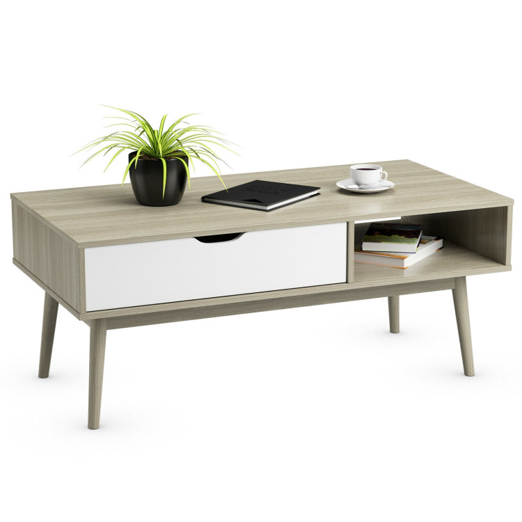Coffee Cocktail Accent Table with Drawer and Storage Shelf-GrayCostway Gallery View 3 of 12